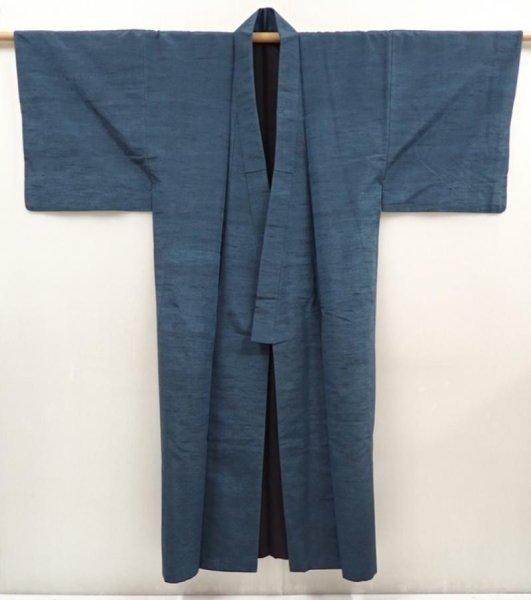 Photo6: 6525T10z890 Vintage Japanese Kimono Silk Men's  Plain Blue-Gray (6)