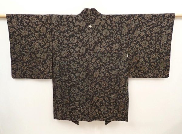 Photo1: 6526T10z740 Vintage Japanese Kimono Silk HAORI Flower Black (1)