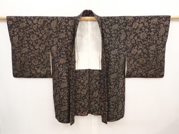 Photo6: 6526T10z740 Vintage Japanese Kimono Silk HAORI Flower Black (6)
