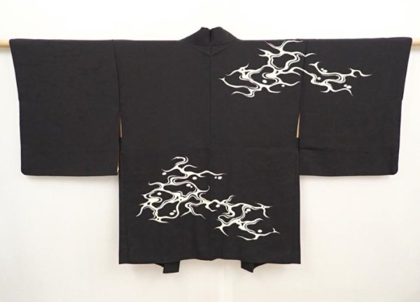 Photo1: 6526T11z600 Vintage Japanese Kimono Silk HAORI Ripple Black (1)