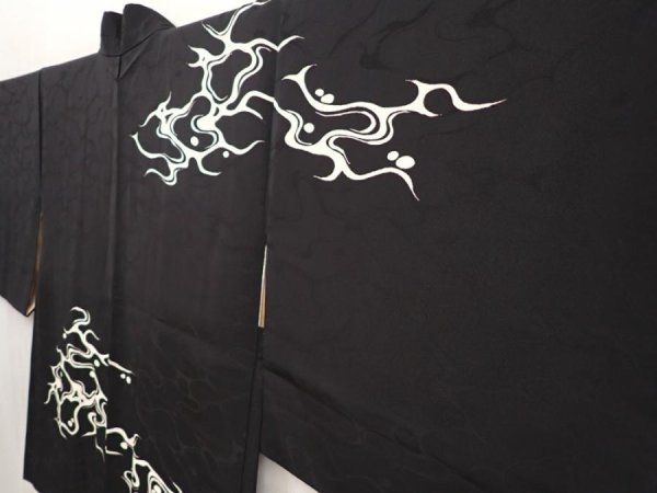 Photo2: 6526T11z600 Vintage Japanese Kimono Silk HAORI Ripple Black (2)
