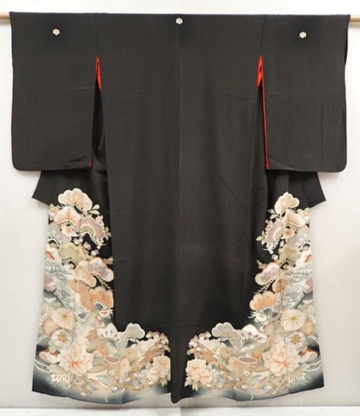 Photo1: 6526T12z720 Antique Japanese Kimono Silk TOMESODE Peony Black (1)