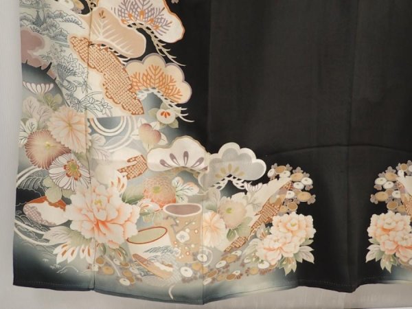Photo6: 6526T12z720 Antique Japanese Kimono Silk TOMESODE Peony Black (6)