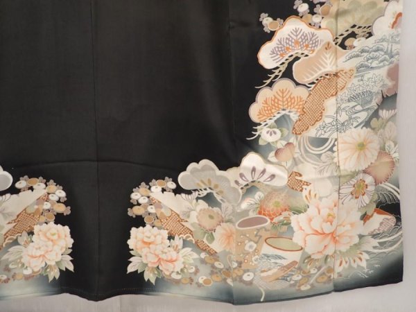 Photo7: 6526T12z720 Antique Japanese Kimono Silk TOMESODE Peony Black (7)