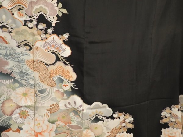 Photo8: 6526T12z720 Antique Japanese Kimono Silk TOMESODE Peony Black (8)