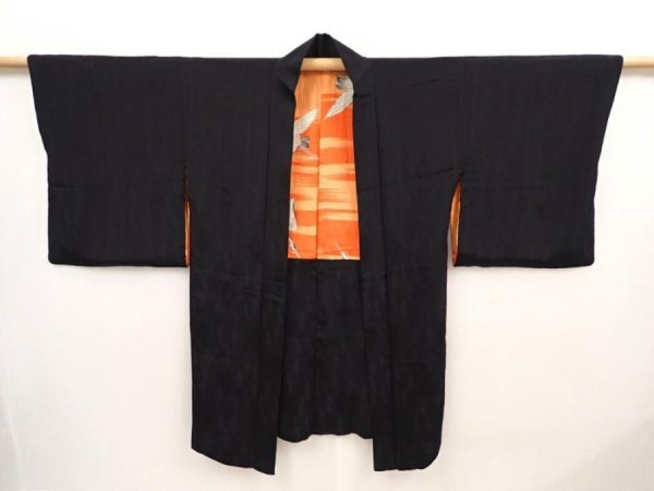 Photo1: 6526T01z480 Vintage Japanese Kimono Silk HAORI Chrysanthemum Black (1)