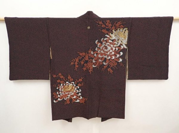 Photo1: 6526T02z590 Vintage Japanese Kimono Silk HAORI Chrysanthemum Black (1)