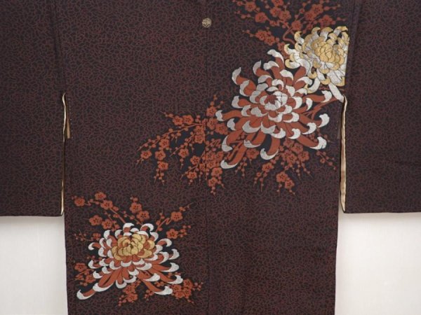 Photo3: 6526T02z590 Vintage Japanese Kimono Silk HAORI Chrysanthemum Black (3)
