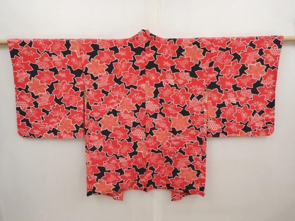 Photo1: 6526T04z590 Vintage Japanese Kimono Silk HAORI Flowers Black (1)