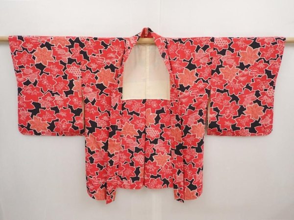 Photo5: 6526T04z590 Vintage Japanese Kimono Silk HAORI Flowers Black (5)