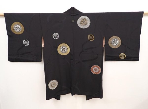 Photo1: 6526T05z520 Vintage Japanese Kimono Silk HAORI Flower Black (1)