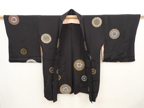 Photo6: 6526T05z520 Vintage Japanese Kimono Silk HAORI Flower Black (6)