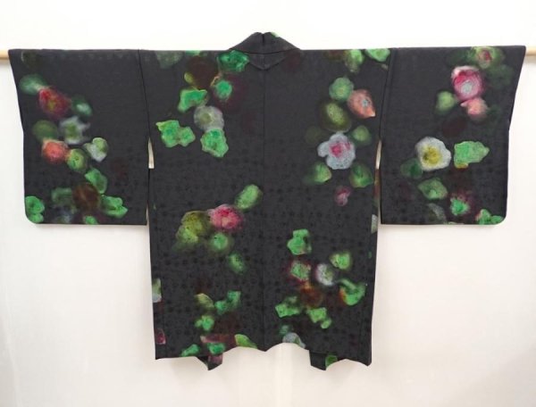 Photo1: 6526T06z590 Vintage Japanese Kimono Silk HAORI Flower Black (1)