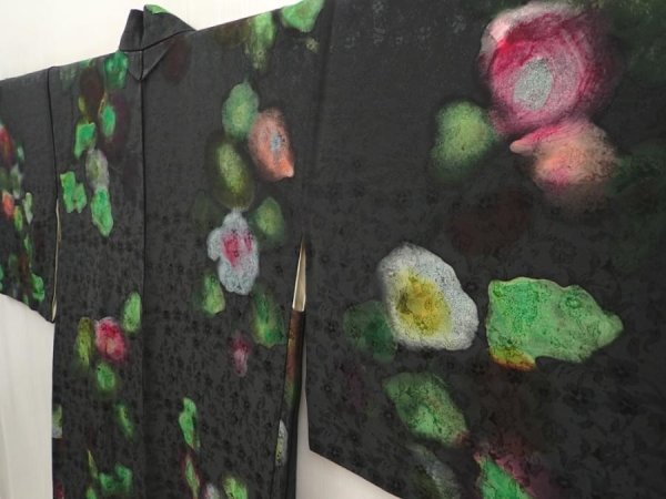 Photo2: 6526T06z590 Vintage Japanese Kimono Silk HAORI Flower Black (2)