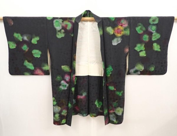Photo5: 6526T06z590 Vintage Japanese Kimono Silk HAORI Flower Black (5)