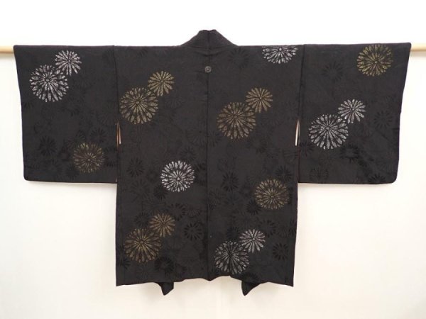 Photo1: 6526T07z770 Vintage Japanese Kimono Silk HAORI Chrysanthemum Black (1)