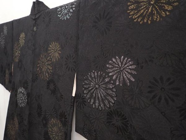 Photo2: 6526T07z770 Vintage Japanese Kimono Silk HAORI Chrysanthemum Black (2)