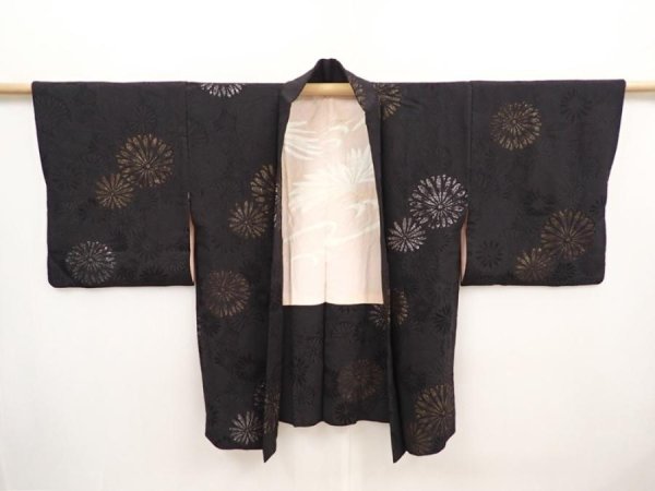 Photo6: 6526T07z770 Vintage Japanese Kimono Silk HAORI Chrysanthemum Black (6)