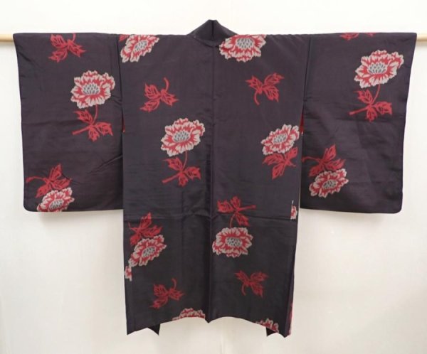 Photo1: 6526T08z350 Vintage Japanese Kimono Silk MEISEN HAORI Flower Black (1)