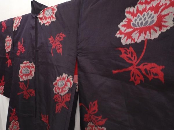Photo2: 6526T08z350 Vintage Japanese Kimono Silk MEISEN HAORI Flower Black (2)