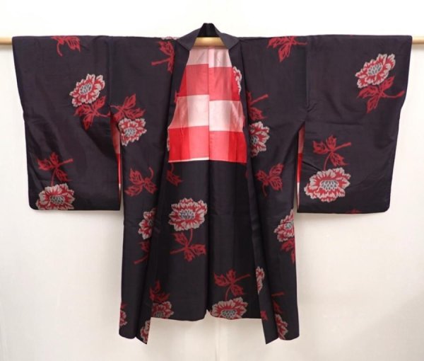 Photo5: 6526T08z350 Vintage Japanese Kimono Silk MEISEN HAORI Flower Black (5)