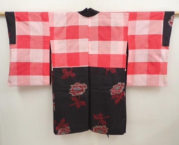 Photo6: 6526T08z350 Vintage Japanese Kimono Silk MEISEN HAORI Flower Black (6)