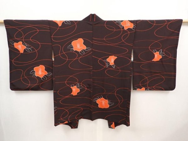 Photo1: 6526T09z650 Vintage Japanese Kimono Silk HAORI Flower Dark brown (1)