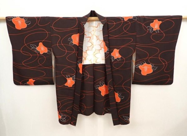 Photo5: 6526T09z650 Vintage Japanese Kimono Silk HAORI Flower Dark brown (5)
