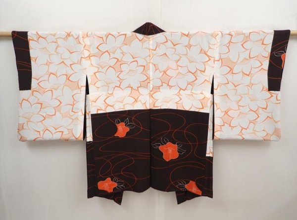 Photo6: 6526T09z650 Vintage Japanese Kimono Silk HAORI Flower Dark brown (6)