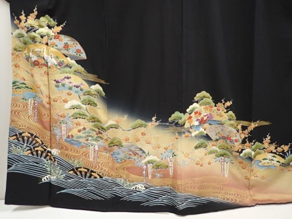 Photo5: 6526T14z1560  Japanese Kimono Silk Artist work TOMESODE Jigami Black (5)