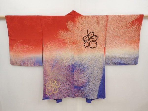 Photo1: 6603T02z450 Vintage Japanese Kimono Silk HAORI Chrysanthemum Dark red (1)