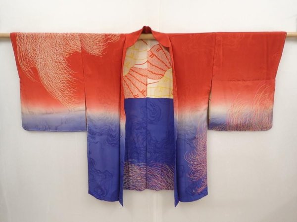 Photo5: 6603T02z450 Vintage Japanese Kimono Silk HAORI Chrysanthemum Dark red (5)