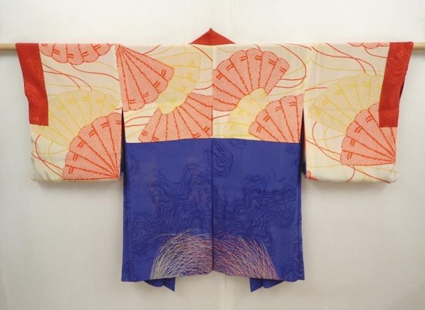 Photo7: 6603T02z450 Vintage Japanese Kimono Silk HAORI Chrysanthemum Dark red (7)
