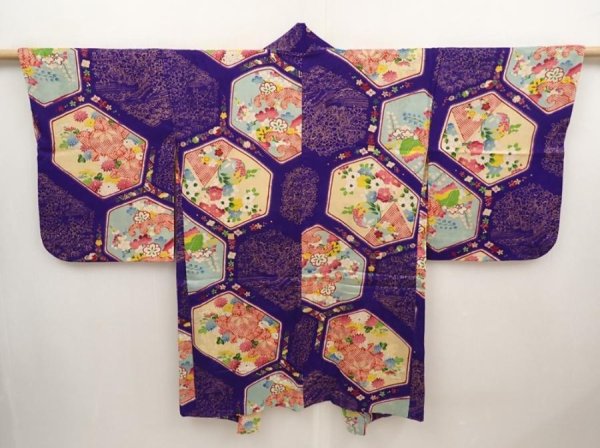 Photo1: 6603T03z400 Antique Japanese Kimono Silk HAORI Flowers 	Dark lavender (1)