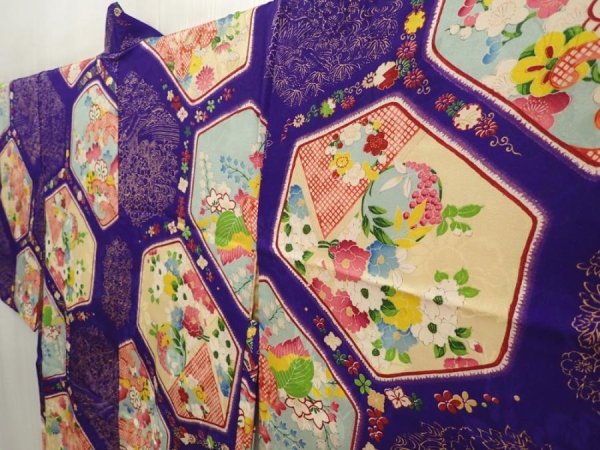 Photo2: 6603T03z400 Antique Japanese Kimono Silk HAORI Flowers 	Dark lavender (2)