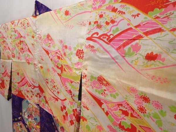 Photo7: 6603T03z400 Antique Japanese Kimono Silk HAORI Flowers 	Dark lavender (7)