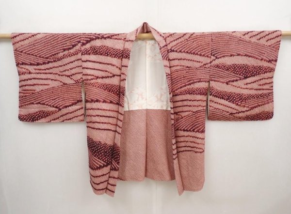 Photo5: 6603T04z630  Japanese Kimono Silk SHIBORI HAORI Wave Brown (5)