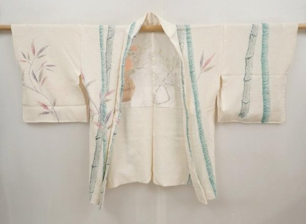 Photo5: 6603T06z550  Japanese Kimono Silk SHIBORI HAORI Bamboo Off-white (5)