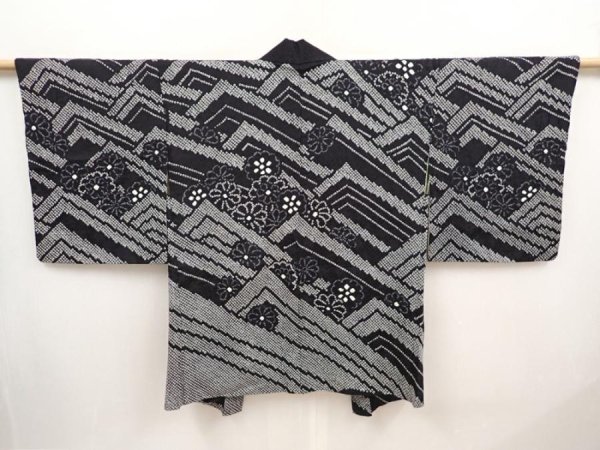 Photo1: 6603T08z600  Japanese Kimono Silk SHIBORI HAORI Wave Black (1)