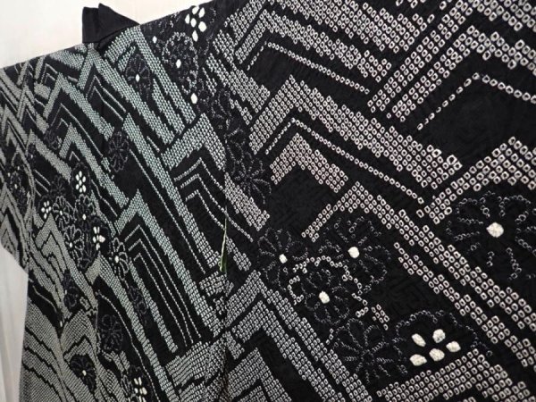 Photo2: 6603T08z600  Japanese Kimono Silk SHIBORI HAORI Wave Black (2)