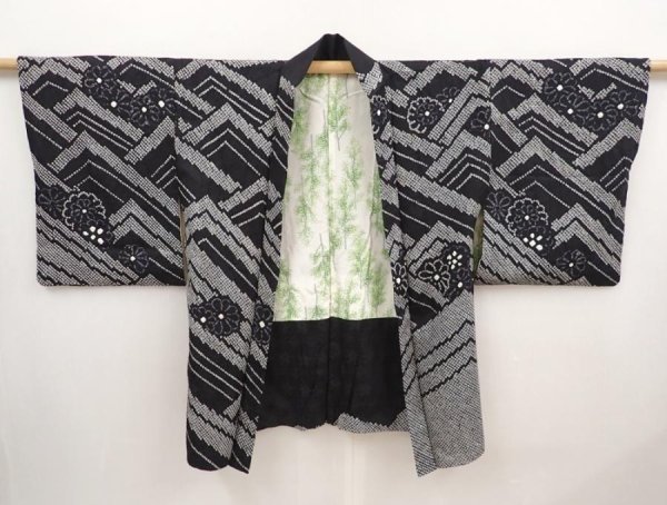 Photo5: 6603T08z600  Japanese Kimono Silk SHIBORI HAORI Wave Black (5)