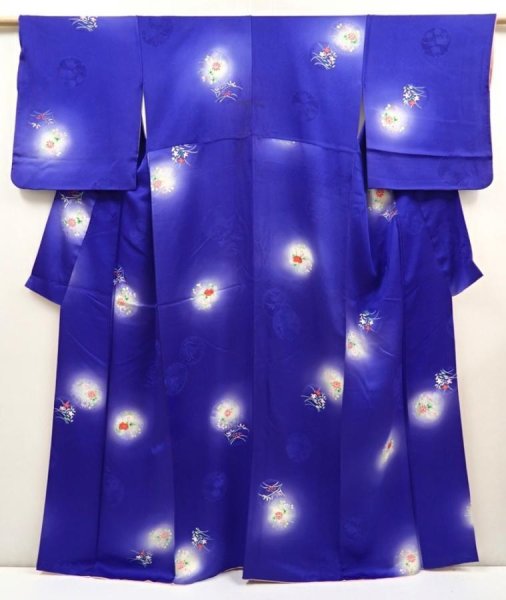 Photo1: 6603T09z890  Japanese Kimono Silk KOMON Flowers Dark lavender blue (1)
