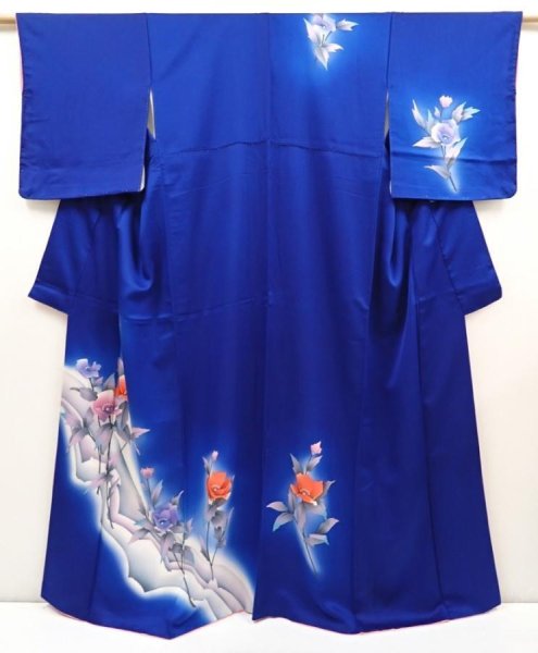 Photo1: 6603T10z910  Japanese Kimono Silk TSUKESAGE Flower Royal blue (1)
