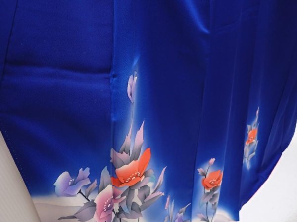Photo3: 6603T10z910  Japanese Kimono Silk TSUKESAGE Flower Royal blue (3)