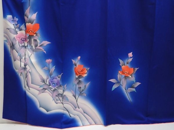 Photo5: 6603T10z910  Japanese Kimono Silk TSUKESAGE Flower Royal blue (5)