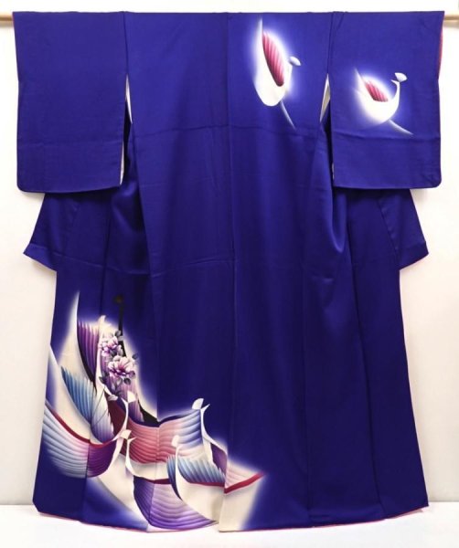 Photo1: 6603T12z930  Japanese Kimono Silk TSUKESAGE Bird Dark lavender blue (1)
