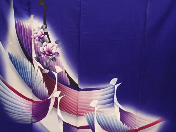 Photo8: 6603T12z930  Japanese Kimono Silk TSUKESAGE Bird Dark lavender blue (8)