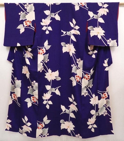 Photo1: 6603T13z640 Antique Japanese Kimono Silk KOMON Flower Dark lavender blue (1)