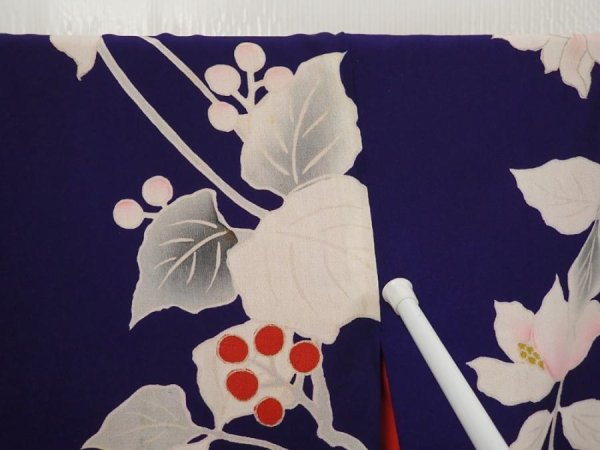 Photo7: 6603T13z640 Antique Japanese Kimono Silk KOMON Flower Dark lavender blue (7)