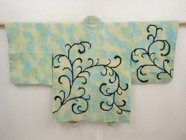 Photo1: 6604T01z590 Vintage Japanese Kimono Silk SHIBORI HAORI Apple Green (1)